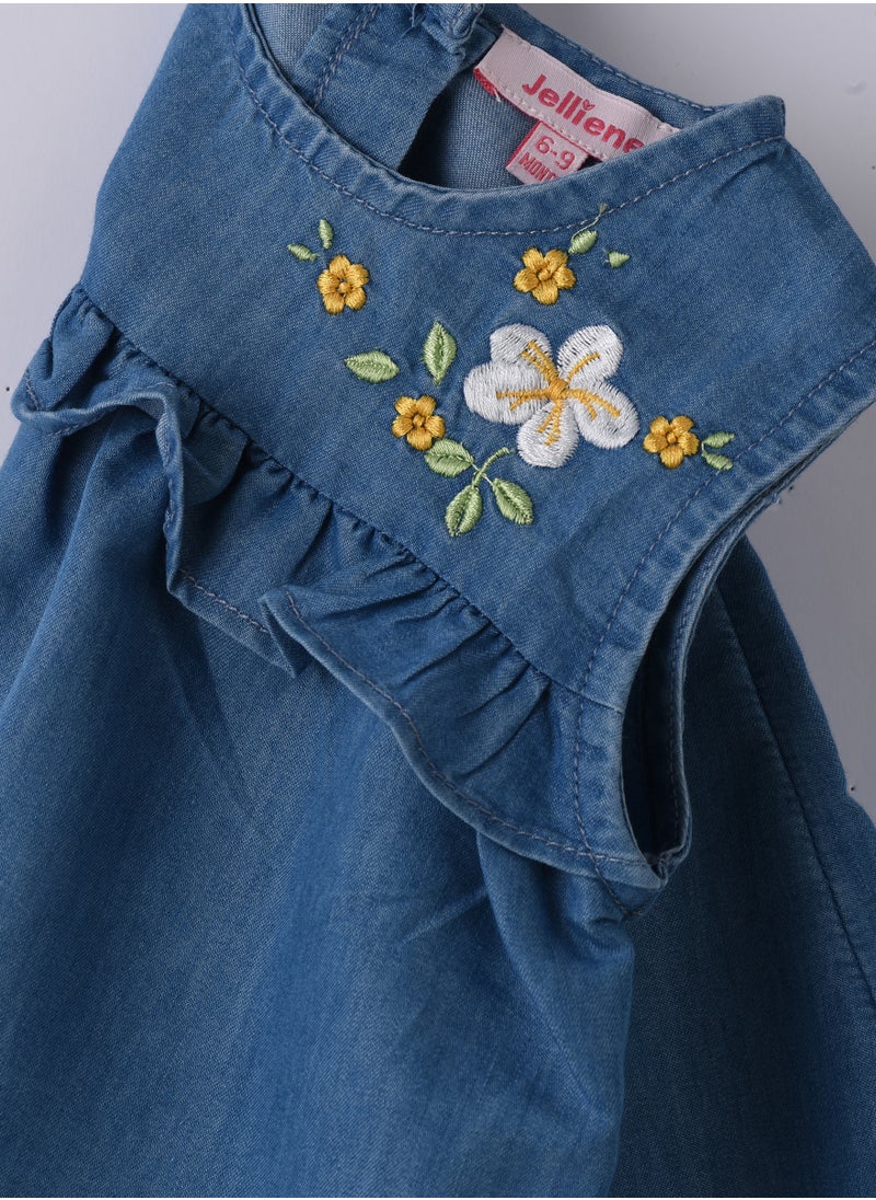 Girls Blue Embroidered Sleeveless Denim Dress
