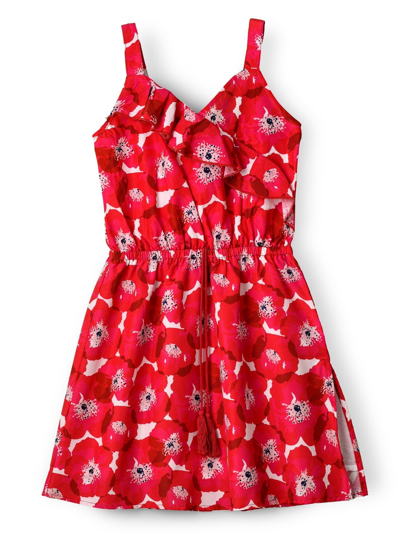 Girls Red Floral Sleeveless Ruffle Dress