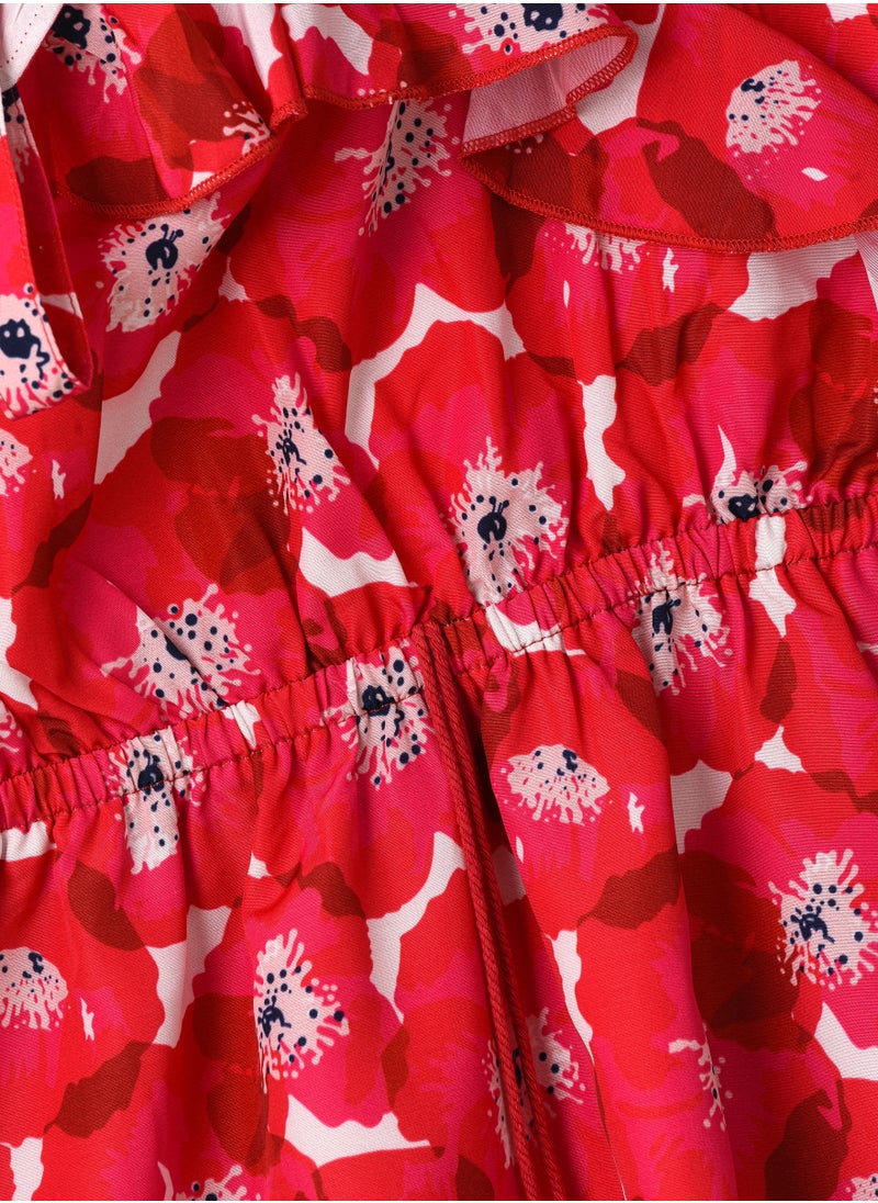 Girls Red Floral Sleeveless Ruffle Dress