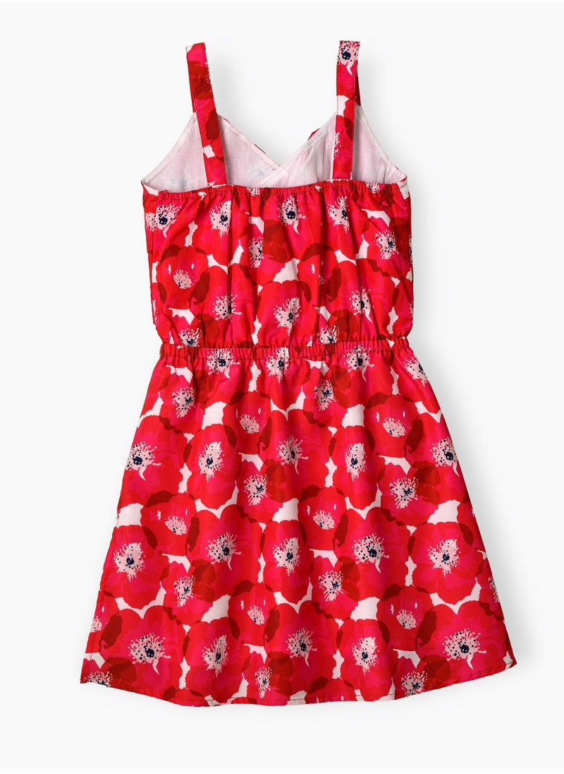 Girls Red Floral Sleeveless Ruffle Dress