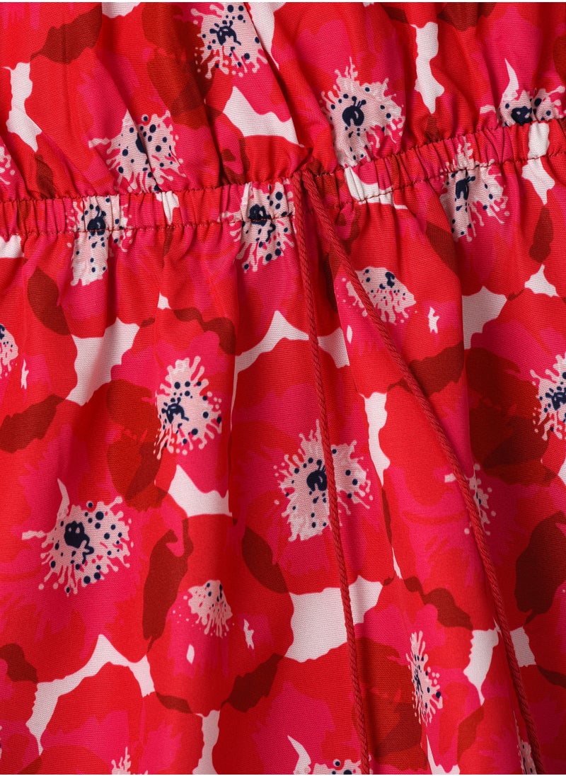 Girls Red Floral Sleeveless Ruffle Dress