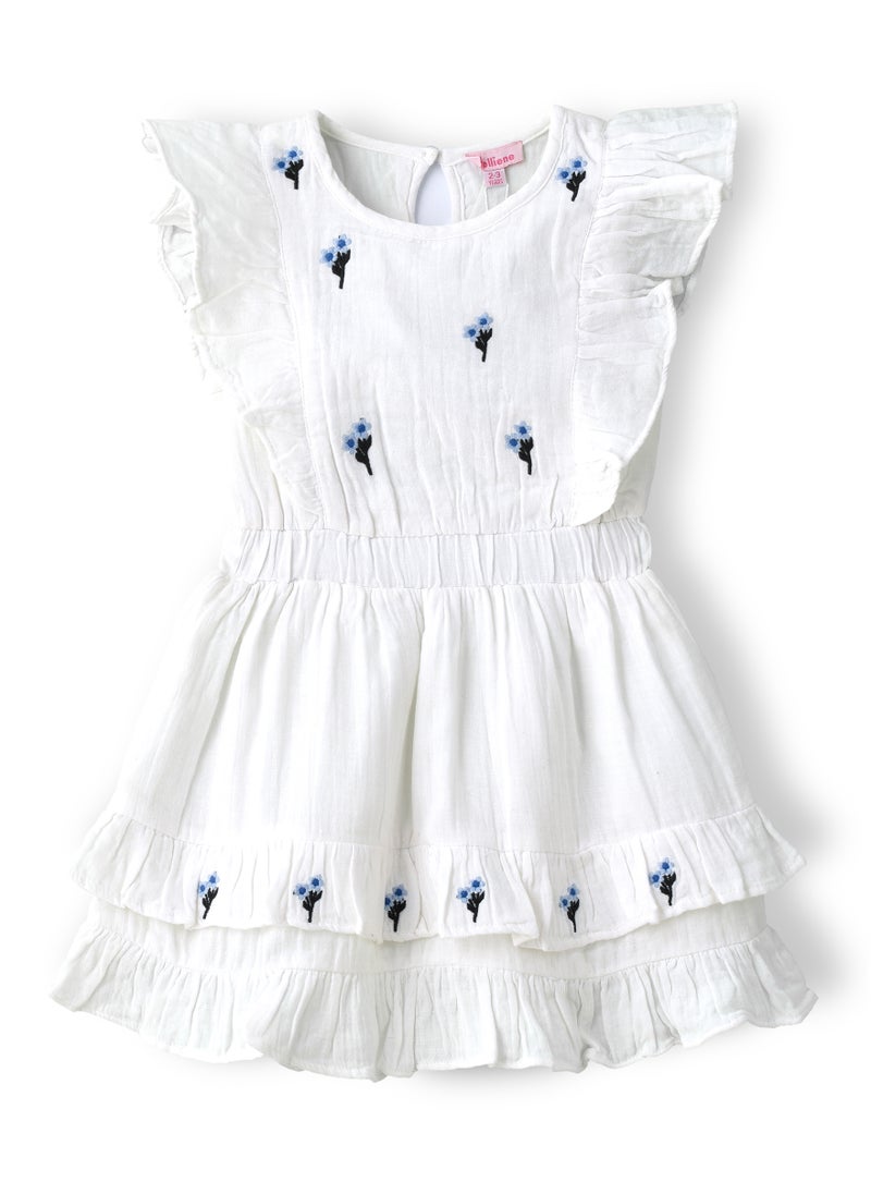 Girls White Embroidered Ruffle Dress