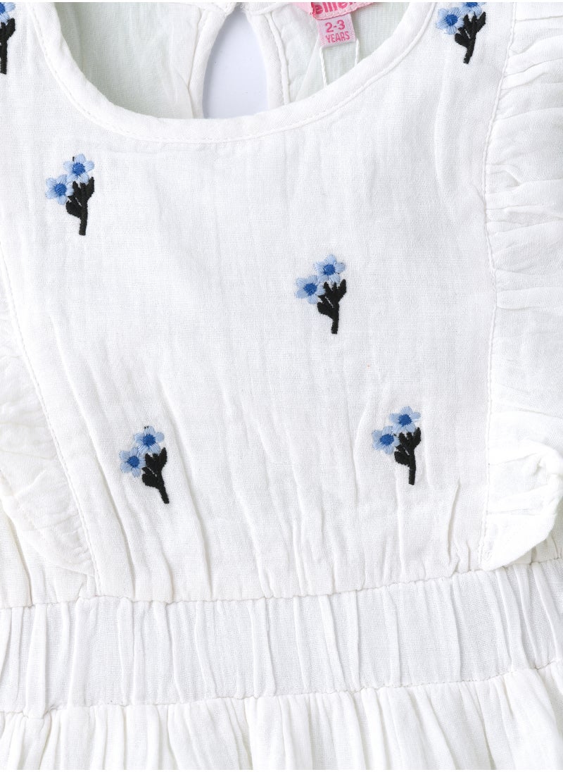 Girls White Embroidered Ruffle Dress