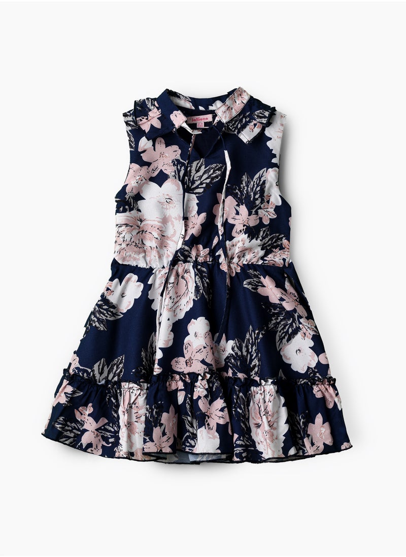 Girls Navy Floral Tiered Party Dress