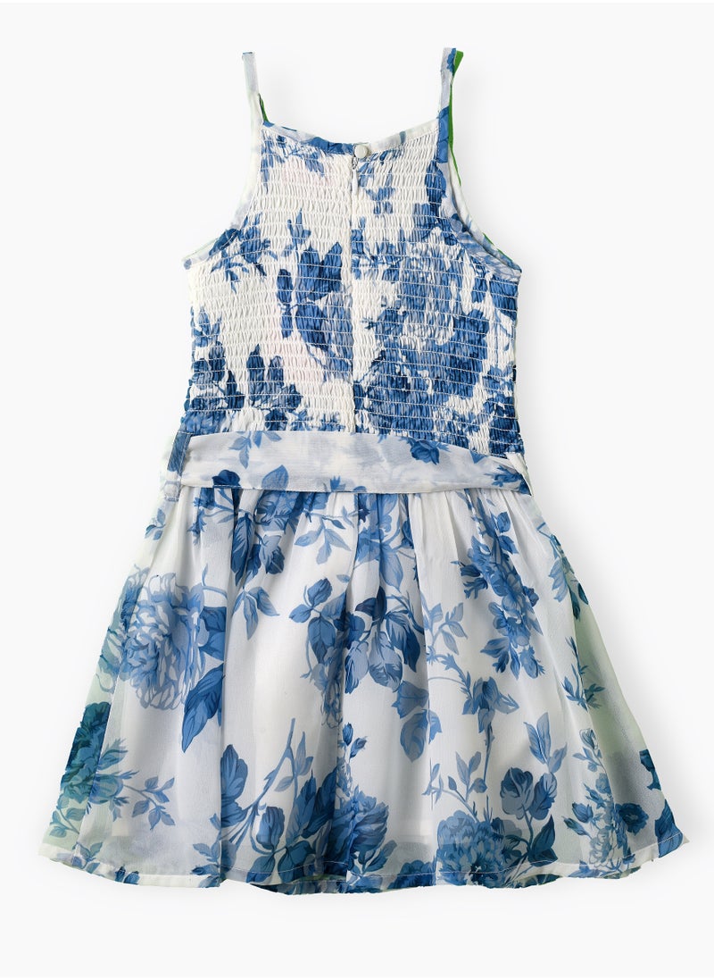 Girls Smocked Blue Floral Belted Party Dress