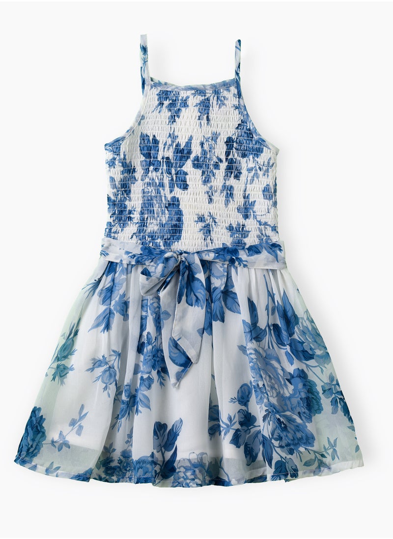 Girls Smocked Blue Floral Belted Party Dress