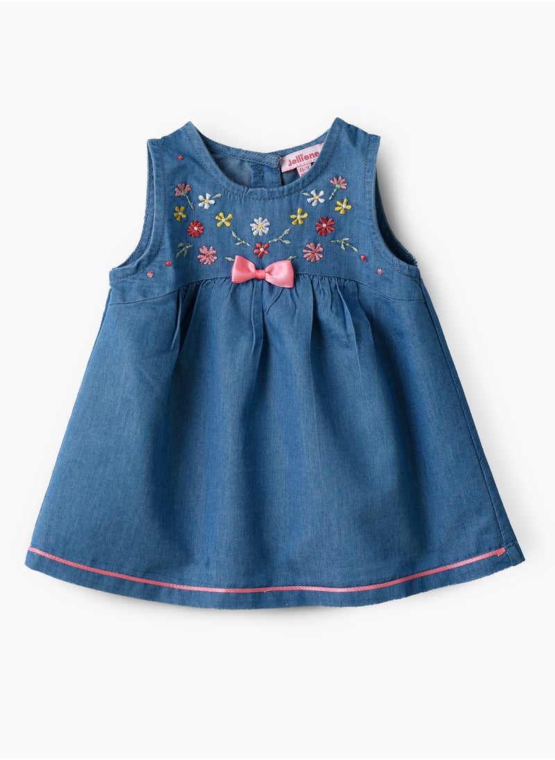 Girls Blue Embroidered Denim Dress With Bow