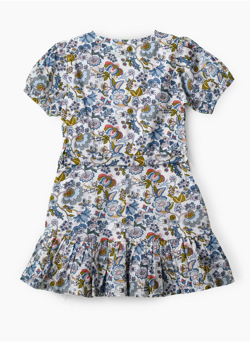 Girls Blue Multicolor Belted Ruffle Dress
