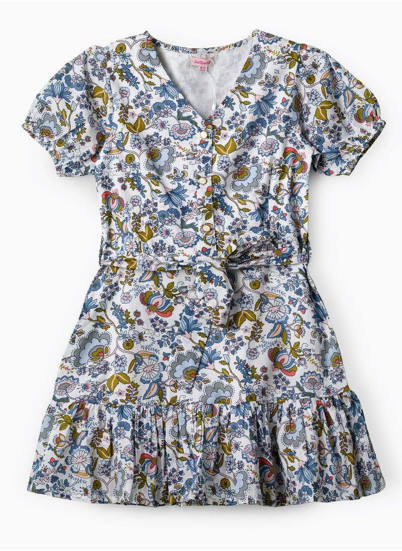 Girls Blue Multicolor Belted Ruffle Dress