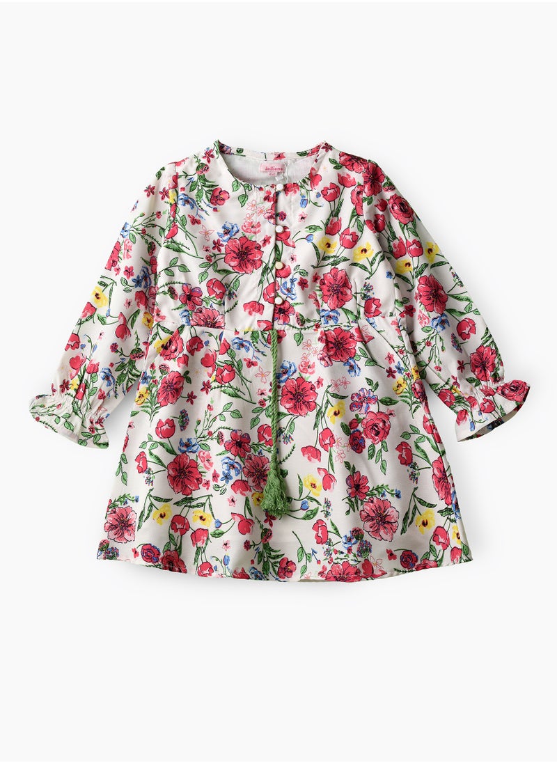 Girls Floral Long Sleeve Tassel Tie Dress