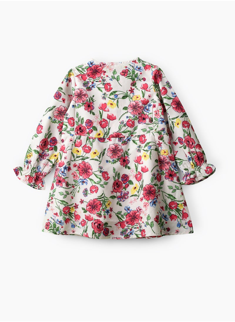 Girls Floral Long Sleeve Tassel Tie Dress