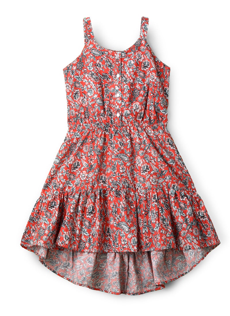 Girls Red Floral High-Low Hem Button Dress