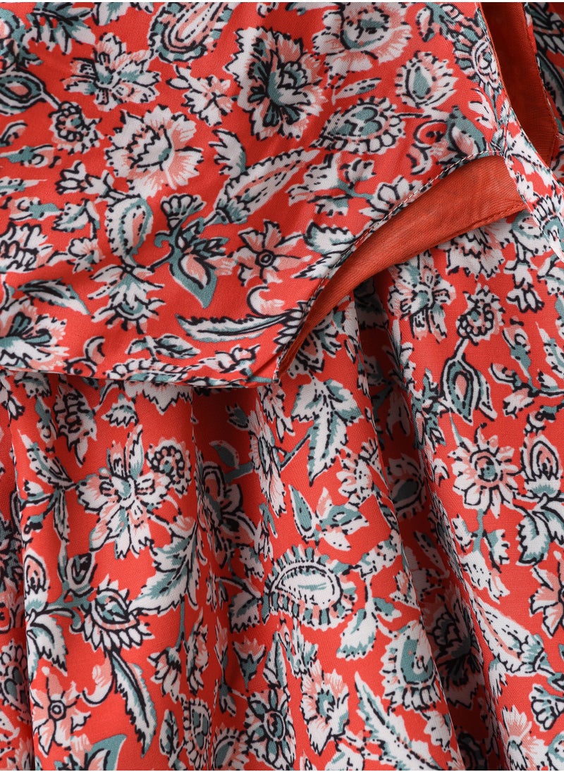 Girls Red Floral High-Low Hem Button Dress