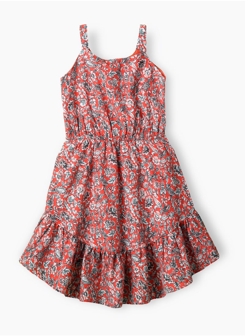 Girls Red Floral High-Low Hem Button Dress