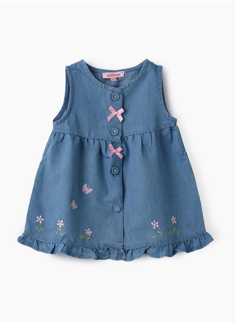 Girls Blue Sleeveless Embroidered Denim Dress