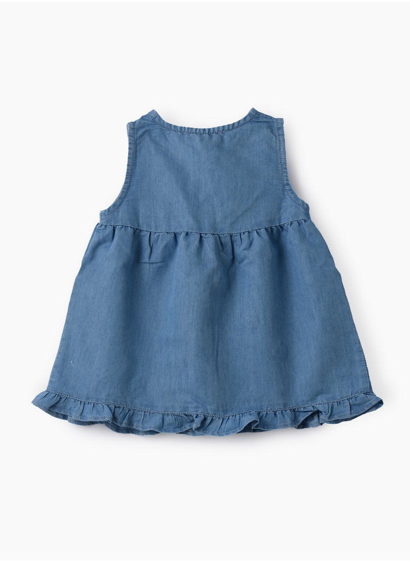 Girls Blue Sleeveless Embroidered Denim Dress