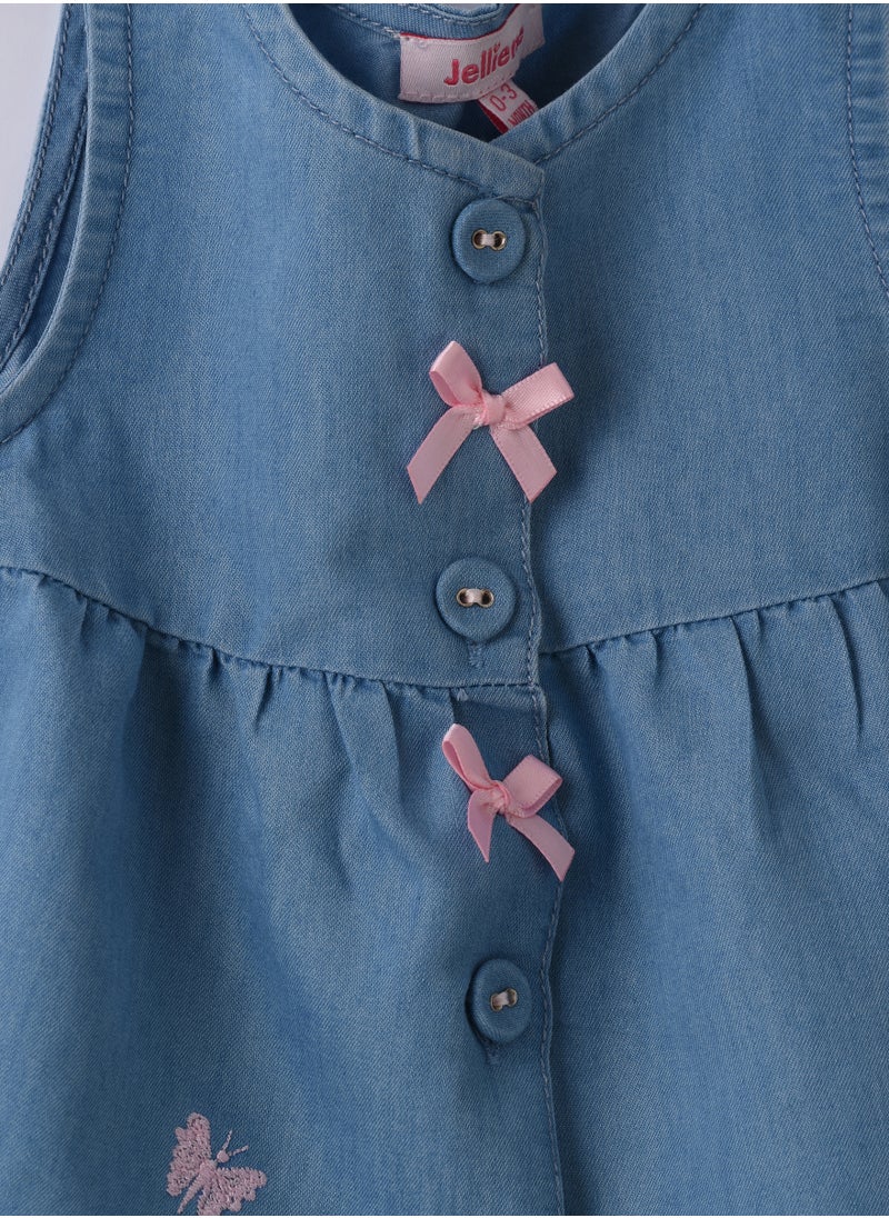 Girls Blue Sleeveless Embroidered Denim Dress