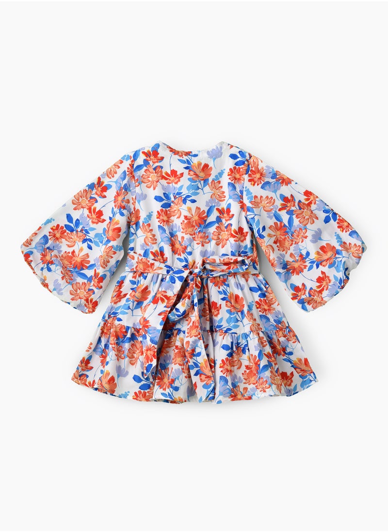 Girls Ruffle Tiered Long Sleeve Floral Dress