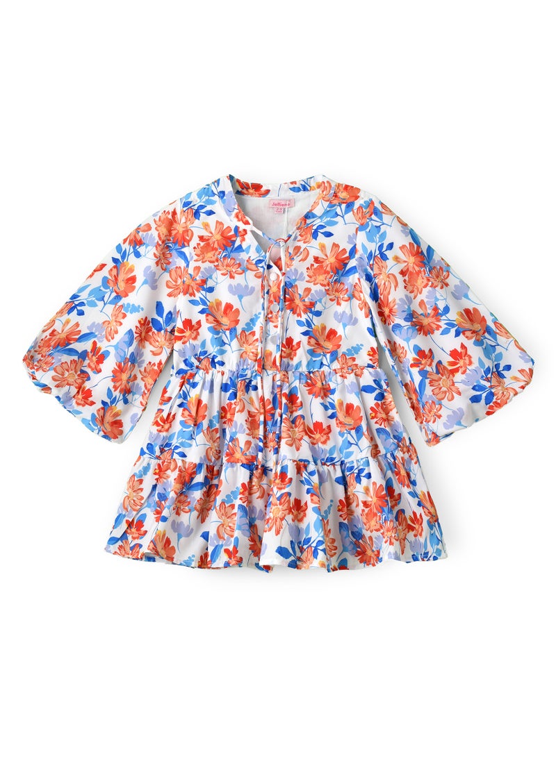 Girls Ruffle Tiered Long Sleeve Floral Dress