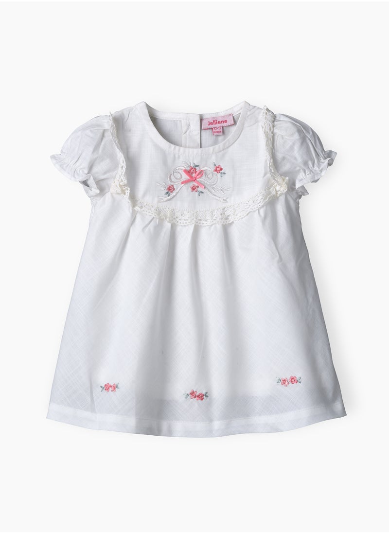 Girls White Embroidered Puff Sleeve Dress