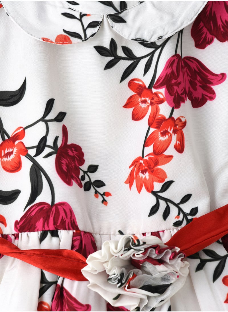 Girls White Floral Fit & Flare Party Dress