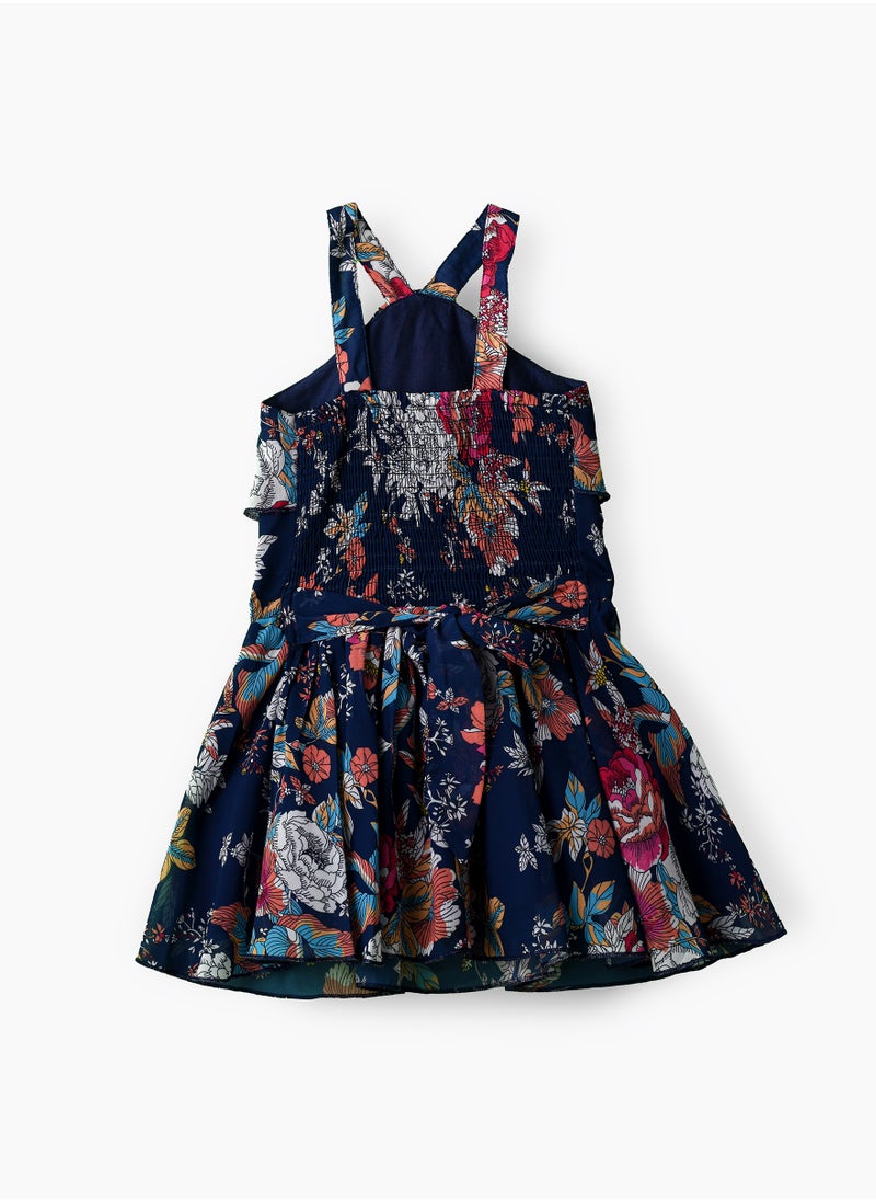 Girls Navy Floral Crossback Party Dress