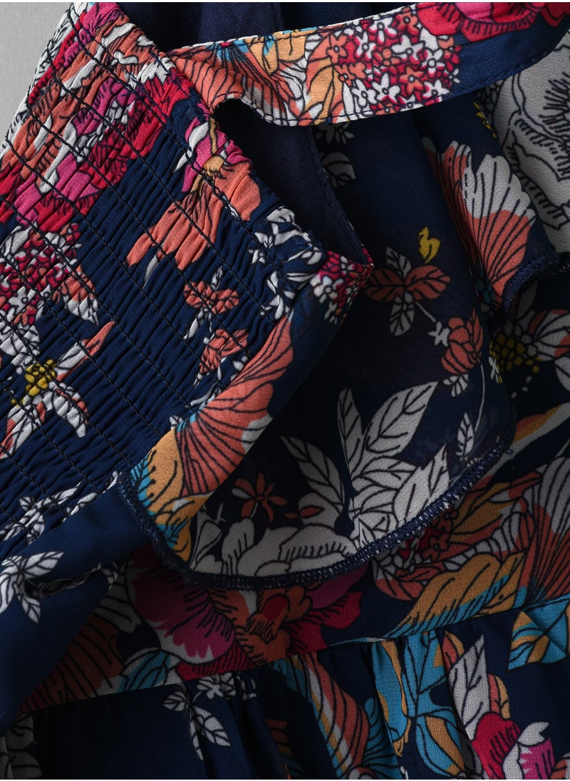 Girls Navy Floral Crossback Party Dress