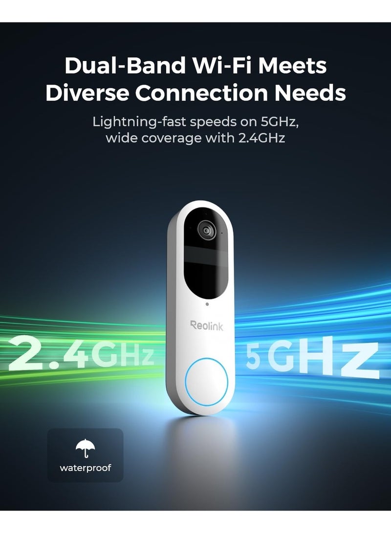 2K Battery Doorbell Camera Wireless, Video Doorbell Camera with Head-to-Foot View, People/Vehicle/Package Recognition, 2.4/5GHz WiFi, 2-Way Audio, Local Storage