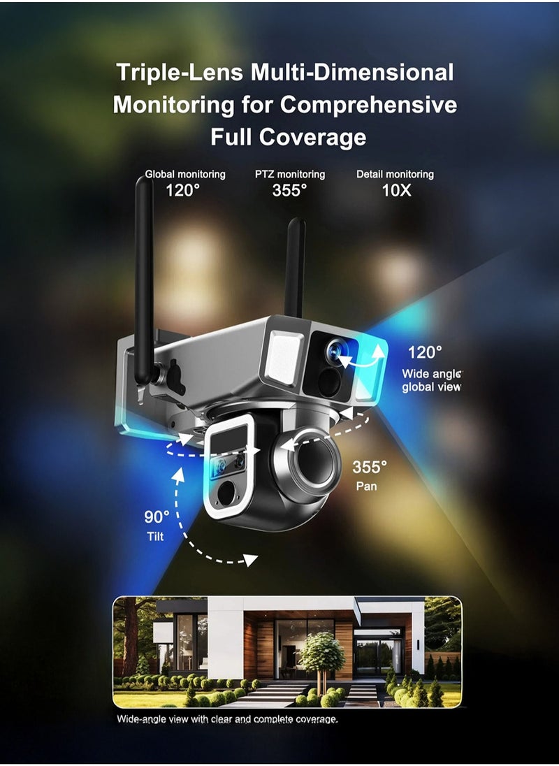 Y7A 8MP Solar/Battery-Powered Security Camera – 4K Resolution, 355° PTZ, 90° Vertical Tilt, 10X Zoom, IR Night Vision, IP66 Waterproof, 4G/Wi-Fi Connectivity, Two-Way Audio, Human Body Induction, TF Card/Cloud Storage, 4x18650 Batteries, 9W Solar Panel, App Connectivity, Wireless Outdoor Security Camera for Home, Garden, and Property Protection, Solar Camera for Off-Grid Surveillance, Wireless Solar Powered Camera, High-Resolution Solar Camera with App Integration