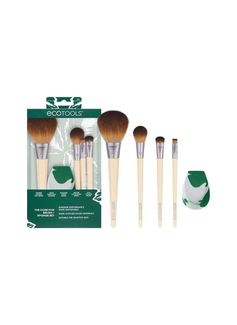 EcoTools Core Five Makeup Brush and Sponge Kit, For Eyeshadow, Blush, Bronzer, Eyeliner, & Foundation, Makeup Blending Sponge, Brush Essentials, 5 Piece Set Tan
