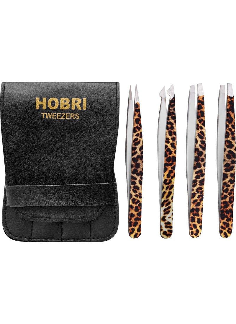 Tweezers Set, Eyebrows Tweezers Set Professional Stainless Steel Tweezers Set - 4 Pieces with Leatherette Travel Case Perfect for Facial Hair, Beauty and Personal Care Tool (Leapord Style)