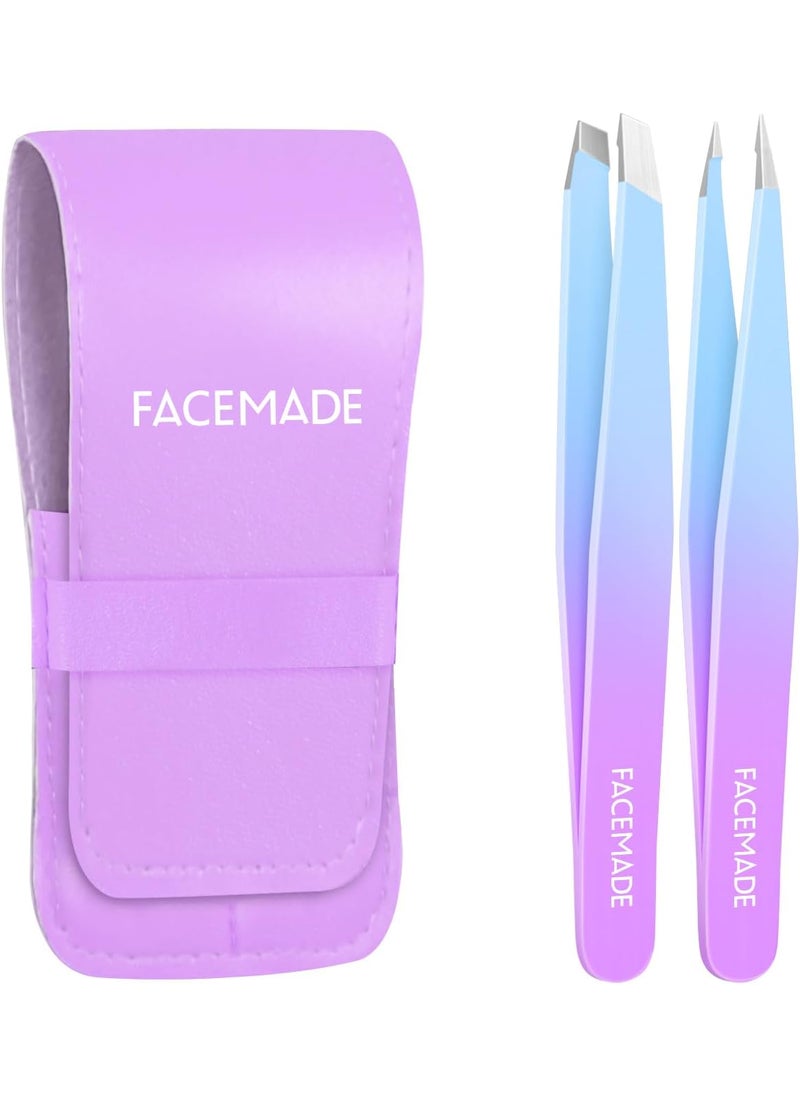 2 Pack Tweezers Set - Professional Stainless Steel Tweezers for Men and Women, Precision Eyebrow Tweezers for Facial Hair, Chin, and Ingrown Hair Removal (Blue&Purple)
