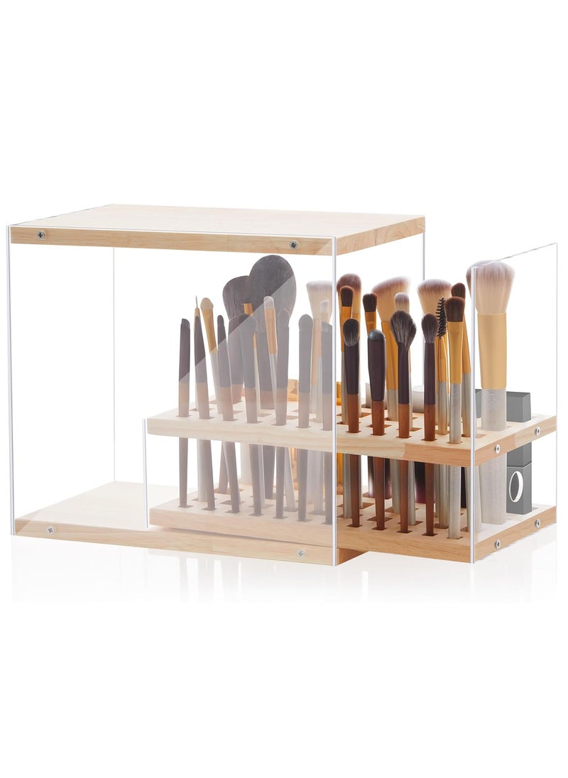 Juexica 36 Holes Acrylic Makeup Brush Holder Organizer with Cover Wood Beauty Cosmetic Display Stand Makeup Brush Holder with Transparent Acrylic Drawer for Bathroom and Bedroom Vanity Storage Desktop