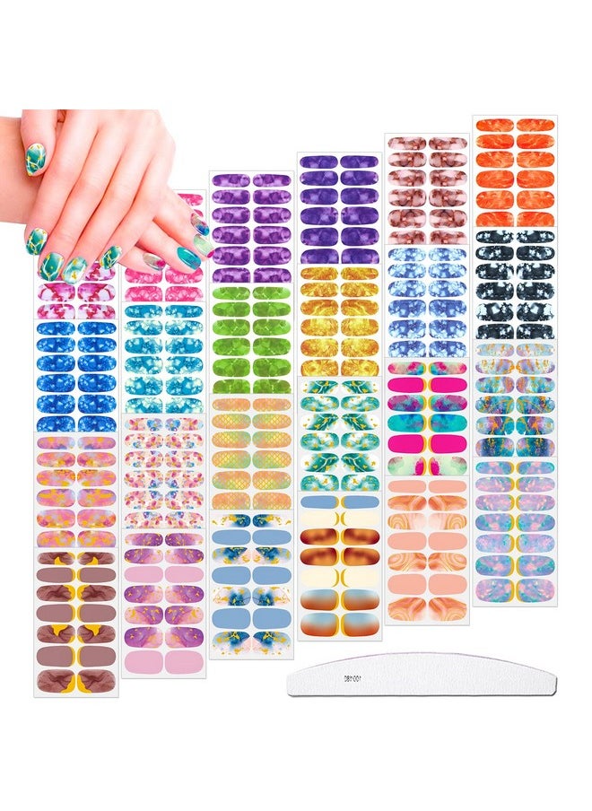 JERCLITY 336 Pieces 24 Sheets Women's Full Wrap Marble Nail Polish Strips Stickers Self-Adhesive Solid Color Gel Nail Strips Decals with Nail File for Women Girls Nail Decorations (Fresh Style)