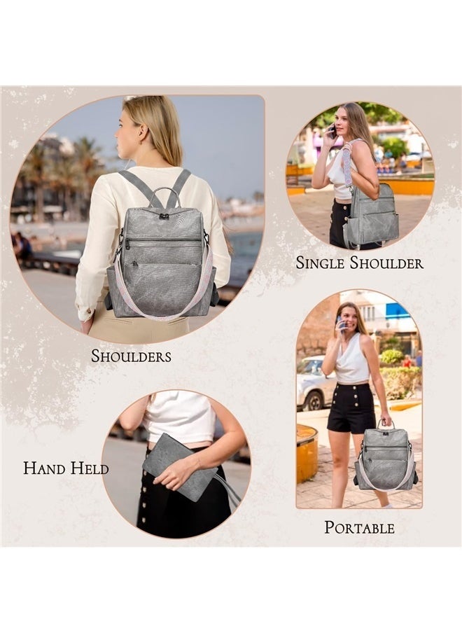 Backpack Purse for Women, Waterproof PU Leather Backpack, Anti-Theft Women Backpack, Lightweight Fashion Multipurpose , Grey