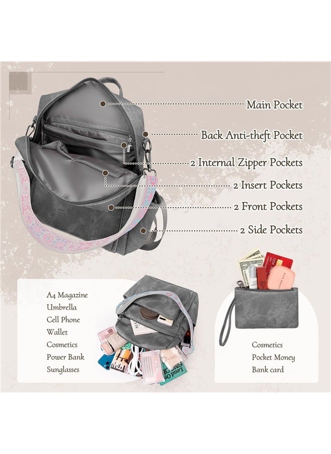 Backpack Purse for Women, Waterproof PU Leather Backpack, Anti-Theft Women Backpack, Lightweight Fashion Multipurpose , Grey