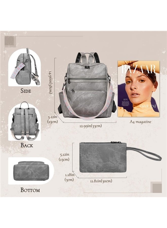 Backpack Purse for Women, Waterproof PU Leather Backpack, Anti-Theft Women Backpack, Lightweight Fashion Multipurpose , Grey