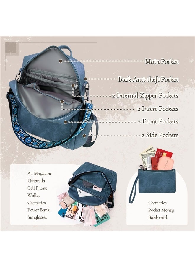 Backpack Purse for Women, Waterproof PU Leather Backpack, Anti-Theft Women Backpack, Lightweight Fashion Multipurpose , Blue