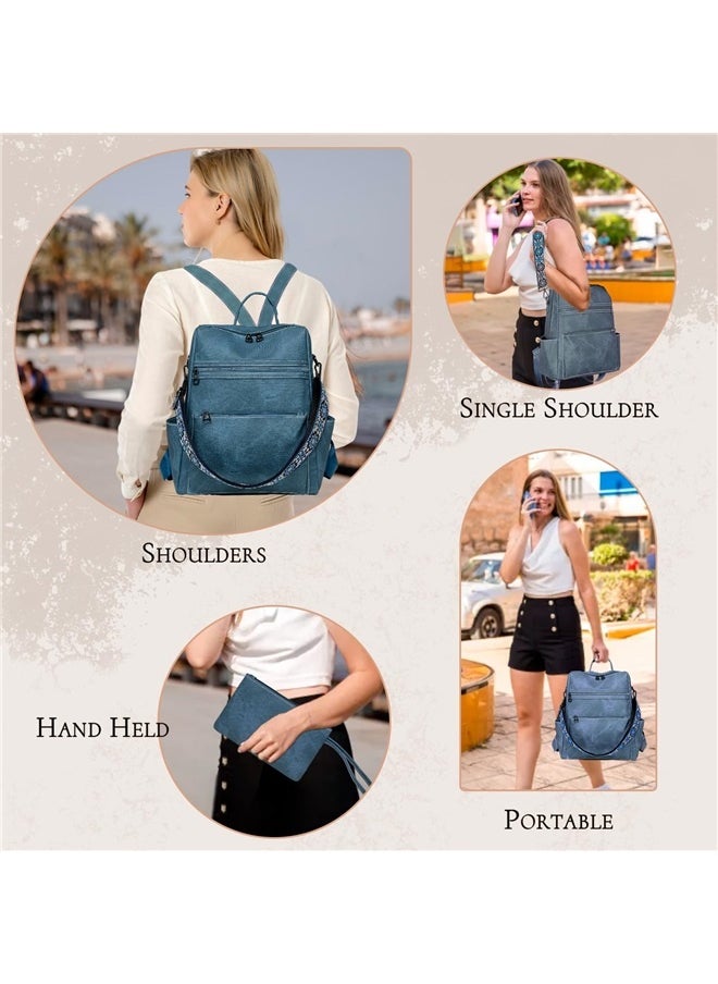 Backpack Purse for Women, Waterproof PU Leather Backpack, Anti-Theft Women Backpack, Lightweight Fashion Multipurpose , Blue