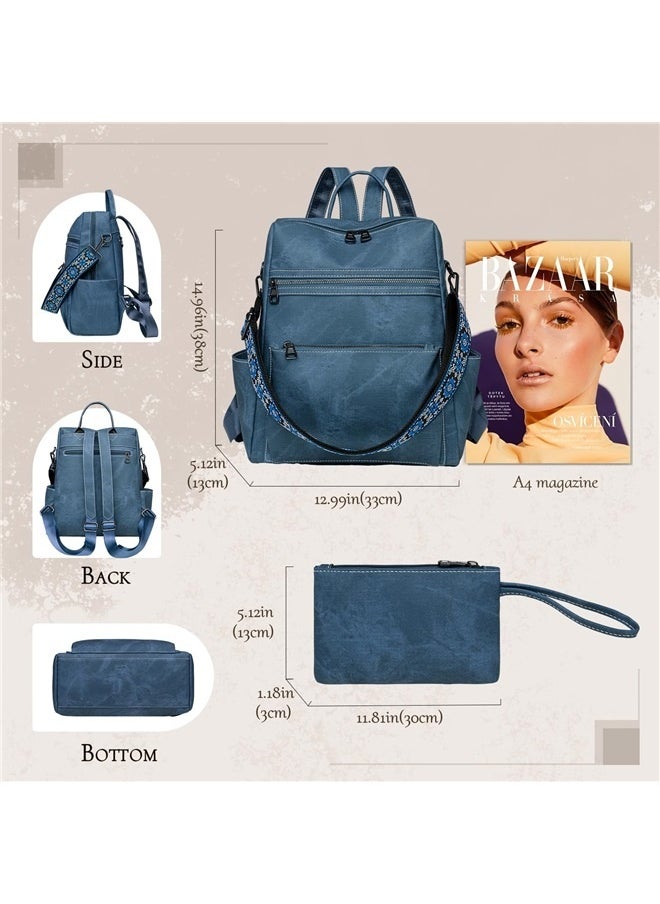Backpack Purse for Women, Waterproof PU Leather Backpack, Anti-Theft Women Backpack, Lightweight Fashion Multipurpose , Blue