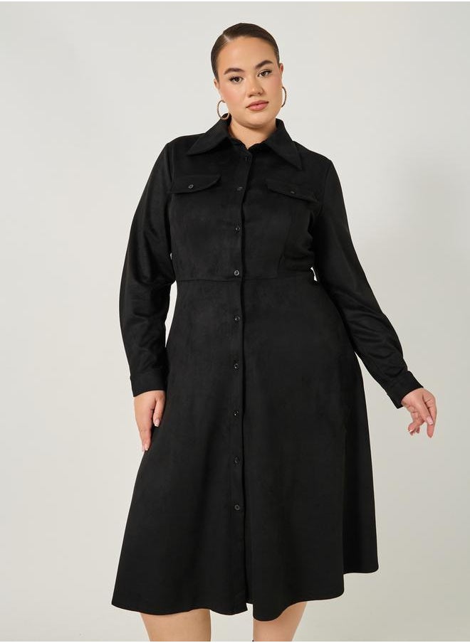 Plus Size Velvet Look Long Sleeves Shirt Midi Dress