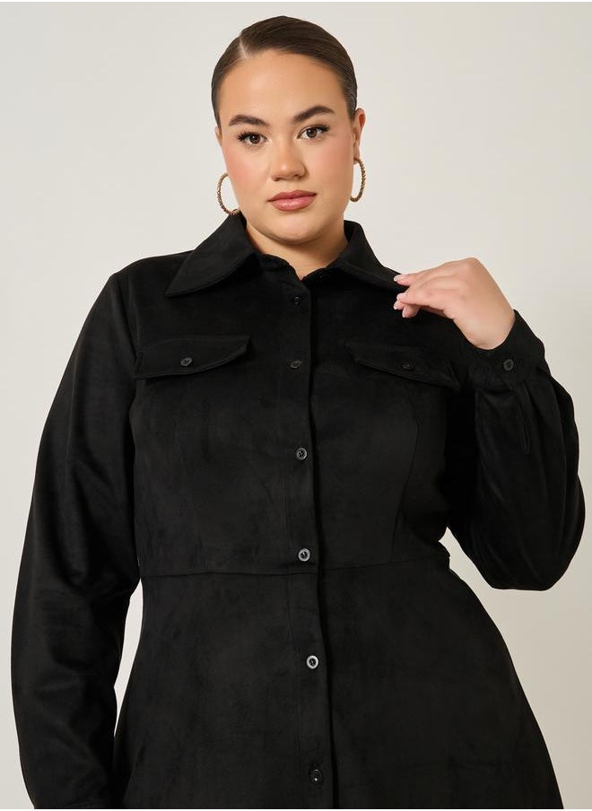 Plus Size Velvet Look Long Sleeves Shirt Midi Dress