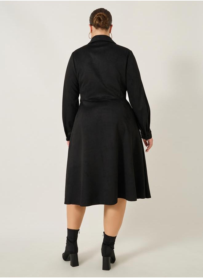 Plus Size Velvet Look Long Sleeves Shirt Midi Dress