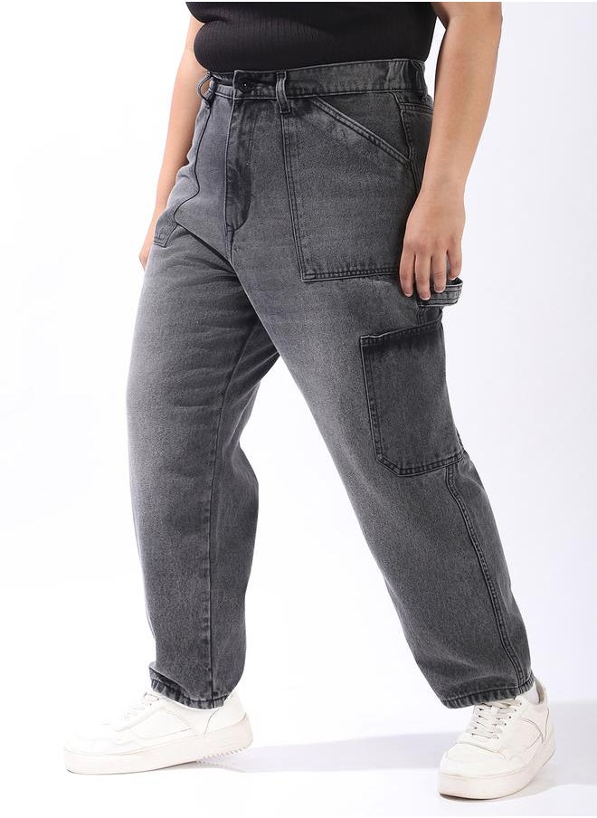 Women Relaxed Mom Fit Carpentar Cargo High-Rise Jeans