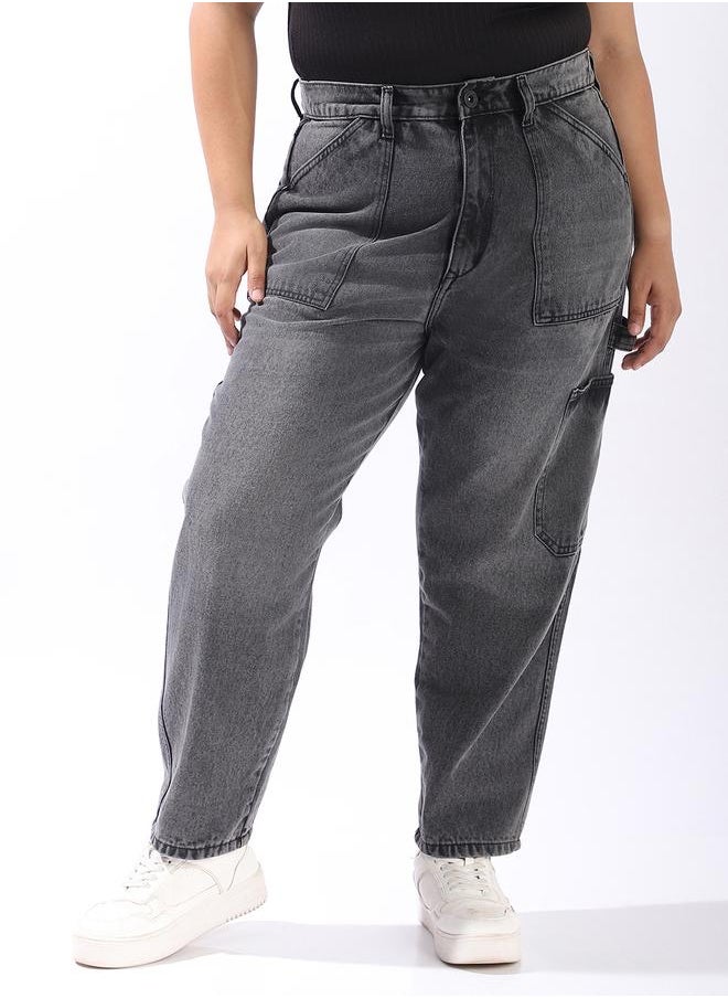 Women Relaxed Mom Fit Carpentar Cargo High-Rise Jeans