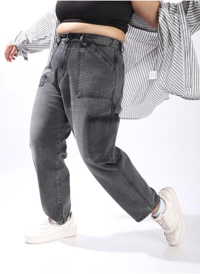Women Relaxed Mom Fit Carpentar Cargo High-Rise Jeans