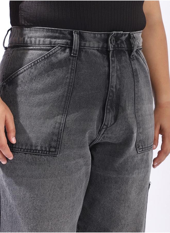 Women Relaxed Mom Fit Carpentar Cargo High-Rise Jeans