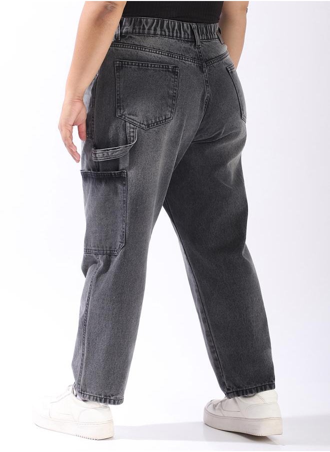Women Relaxed Mom Fit Carpentar Cargo High-Rise Jeans
