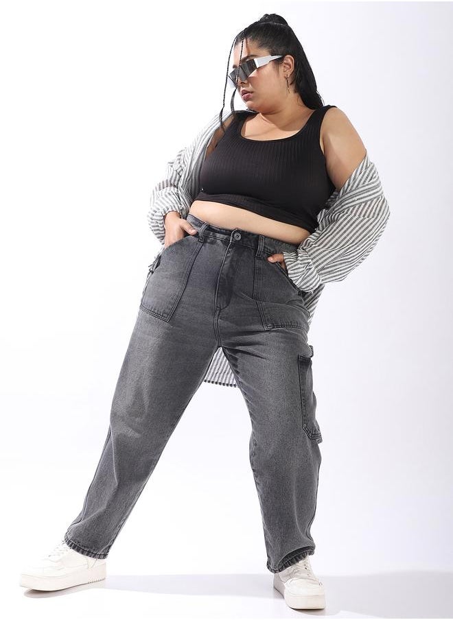 Women Relaxed Mom Fit Carpentar Cargo High-Rise Jeans
