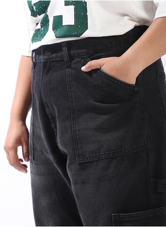 Women Relaxed Mom Fit Carpentar Cargo High-Rise Jeans